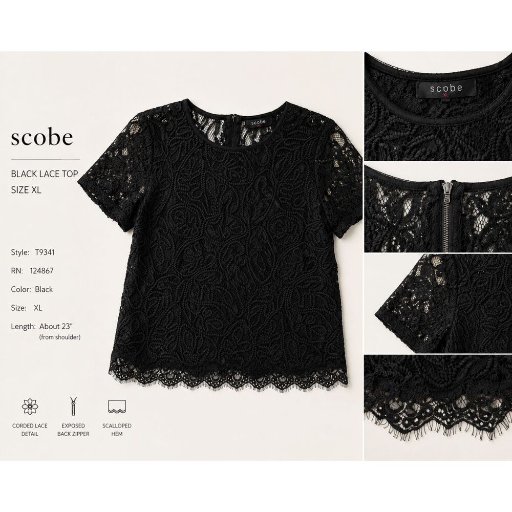 Scobe Black Corded Lace Embroidered Top Exposed Back Zip XL